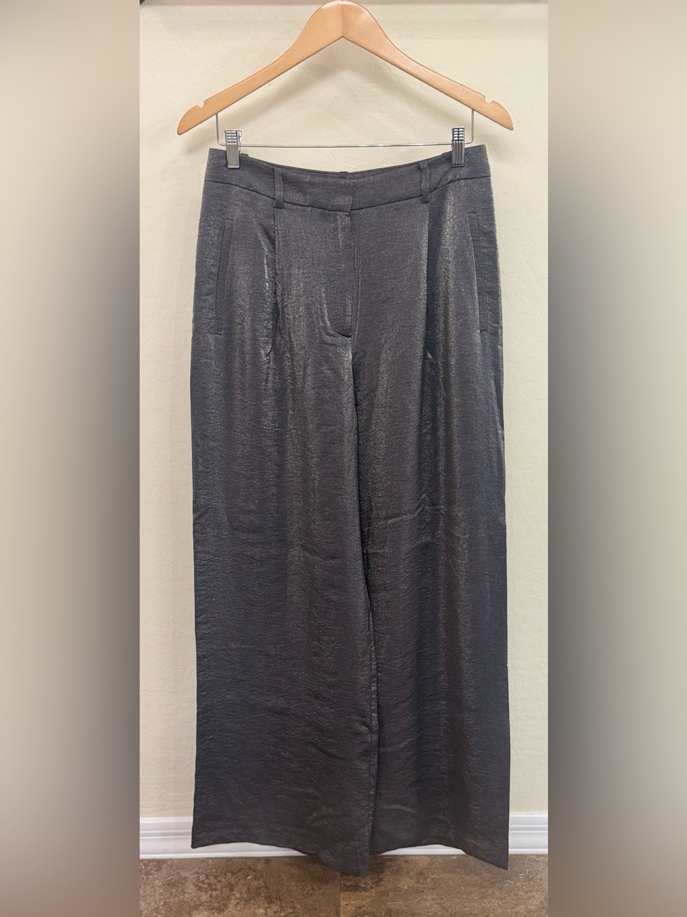 NWT Anthropologie Maeve Shimmered Wide-Leg Trousers Grey Metallic Pants 10